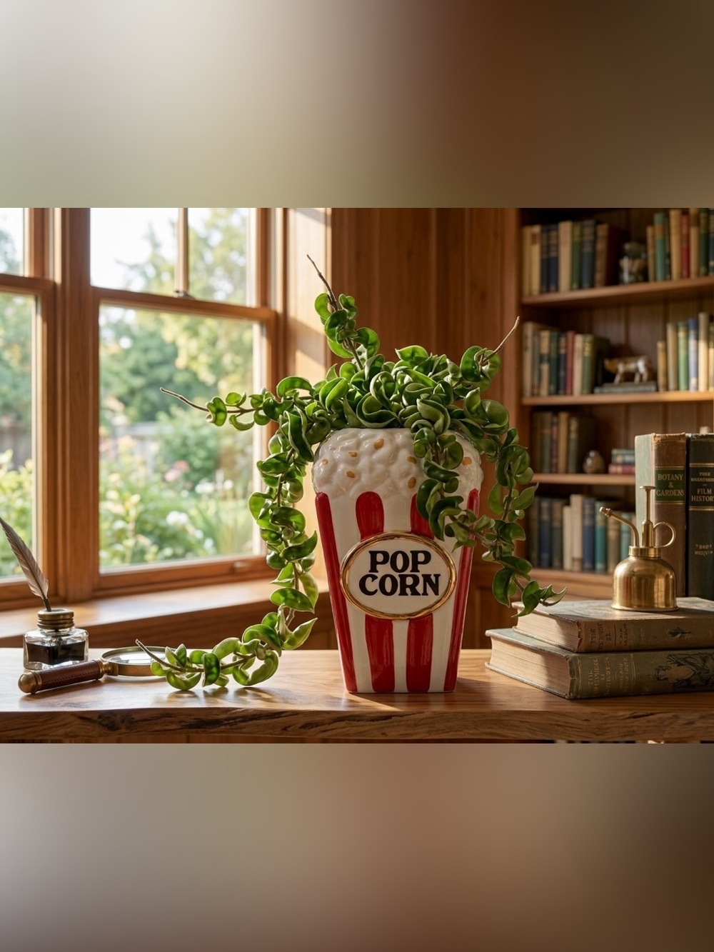 Ceramic Popcorn Bucket Planter, Vintage Style Movie Night Vase